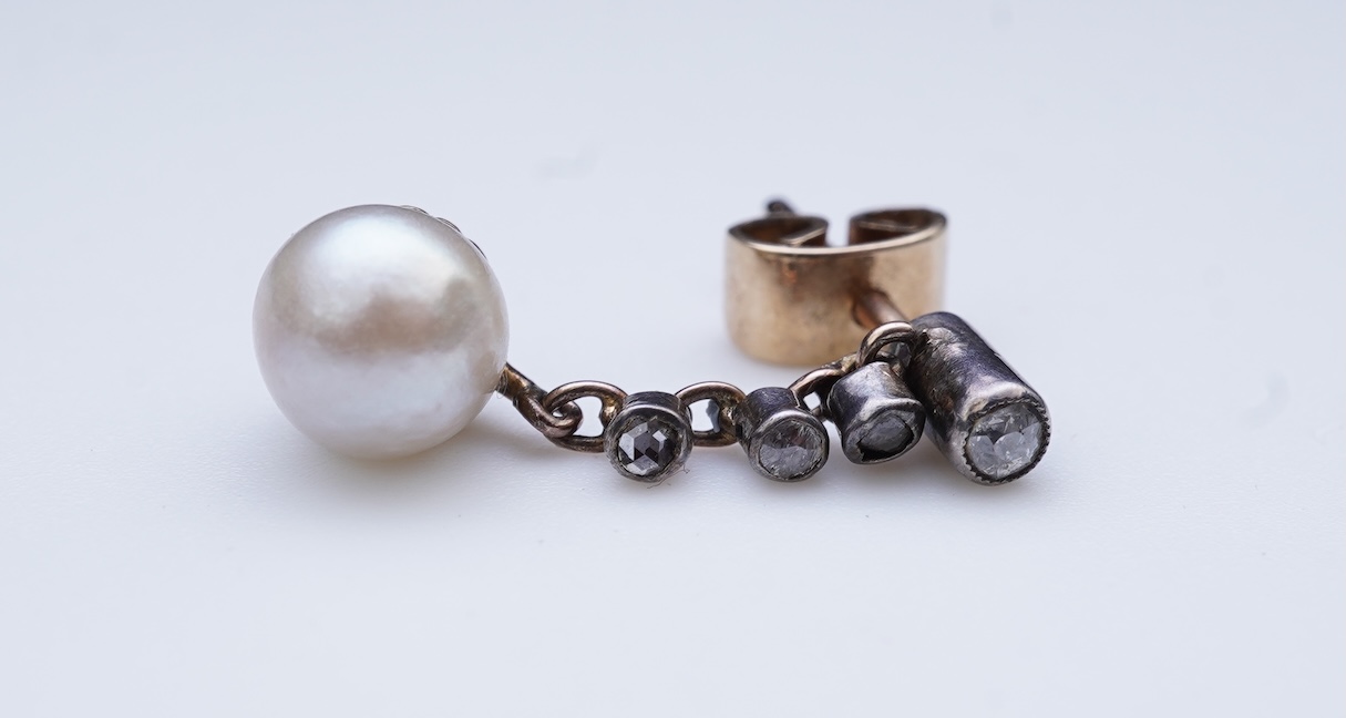 A pair of cultured pearl and diamond earrings, early 20th century and later